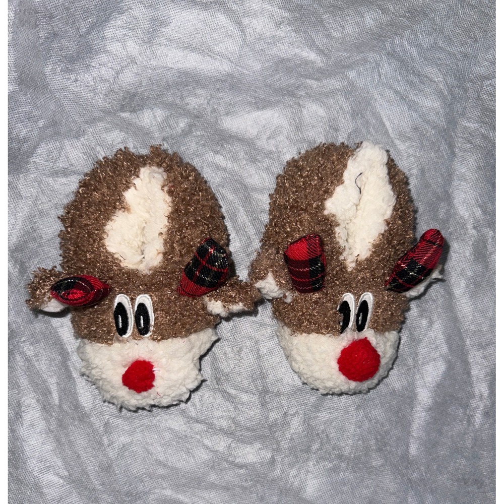 Lily & Dan Baby Slippers Kids 7/8 Reindeer Plaid Antlers Christmas Holiday,
